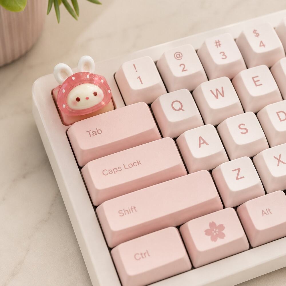 Kawaii Bunny Resin Artisan Keycap Pink White Mechanical Keyboard Key Cap